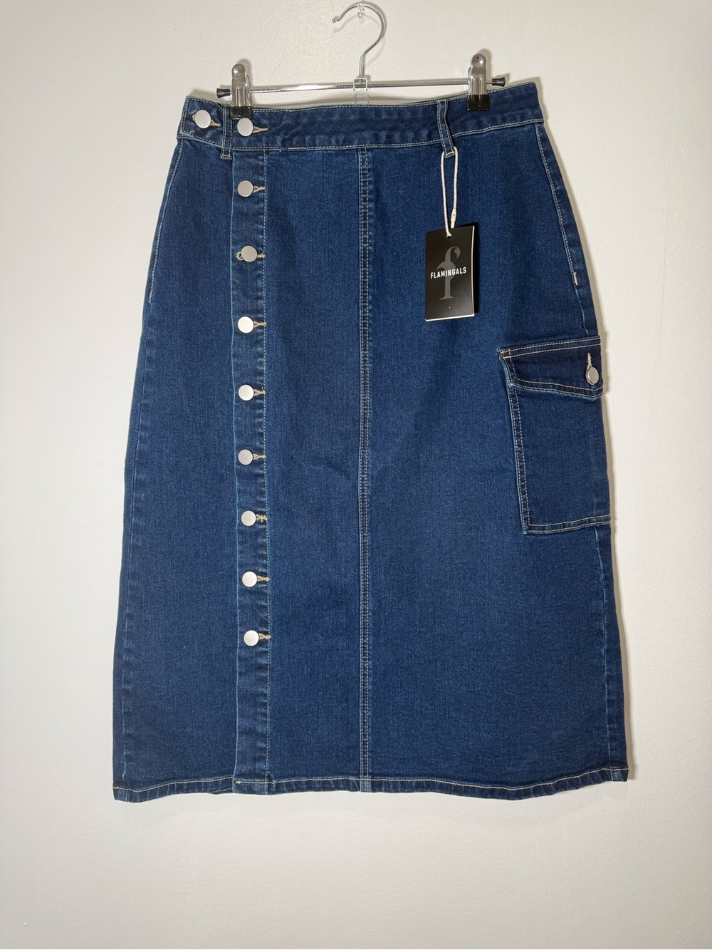 NWT Y2K Flamingals Denim Midi Skirt Women’s Size L Stretch Modest Jean Skirt